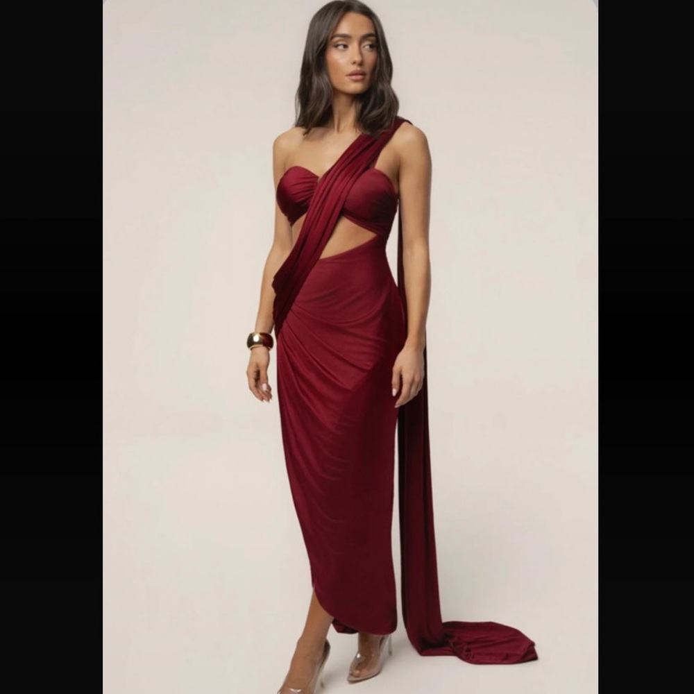 JLUXLABEL Wine Red Satin Slip Dress with Gold Accent
